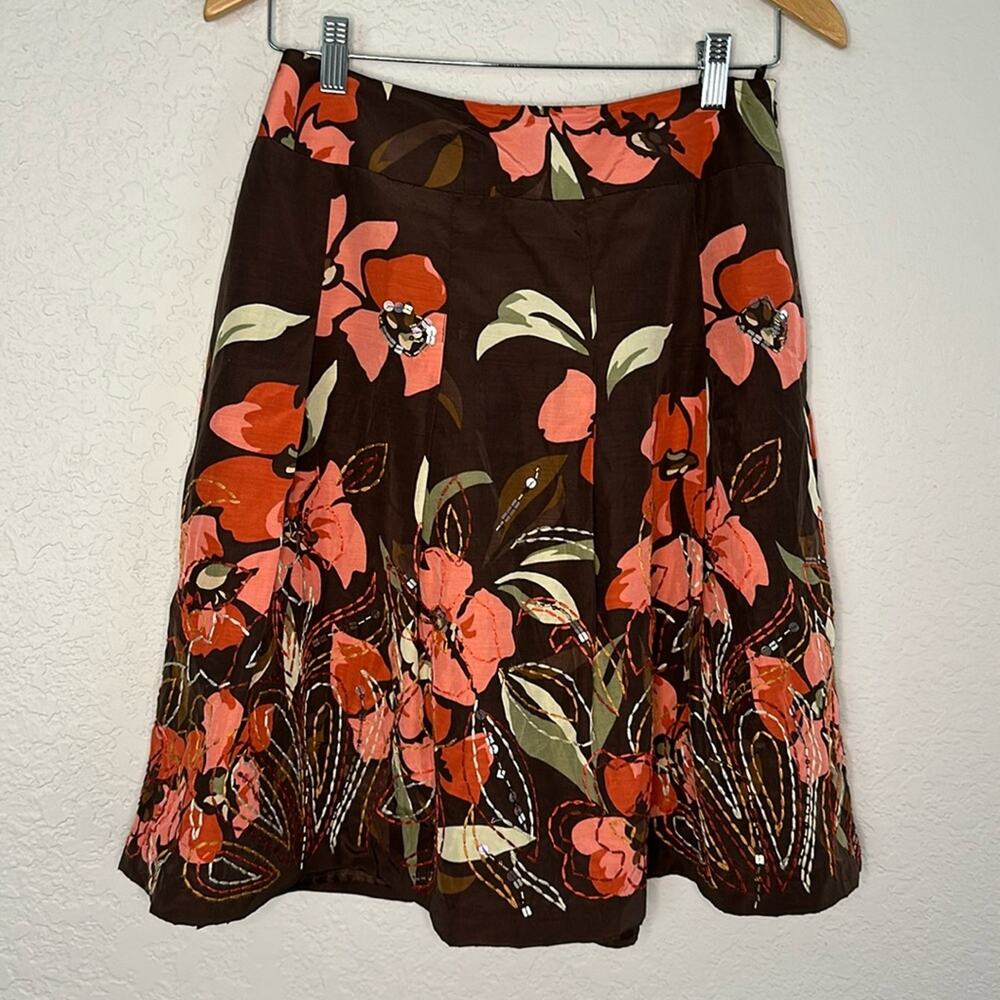 Talbots Silk Full Skirt Brown Embellished Embroidered Coral Fall Academia Twee